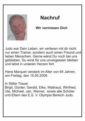 Freitag, 15.05.09. Hans Marquet verstorben